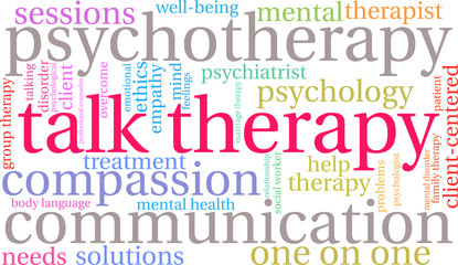 Talk Therapy Word Cloud on a white background. 