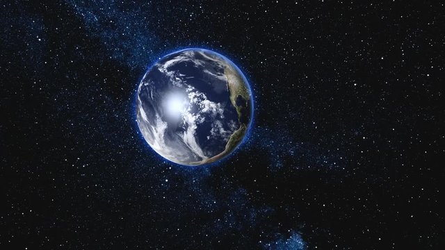 Beautiful Blue Earth with Moon satellite approach, rotating and spinning in open space - Cities Light change From Night To Day. High detail 4k 3D Render. Zoom. Elements of this image furnished by NASA