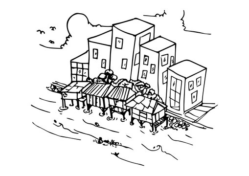Sketchy of a rundown house by the river