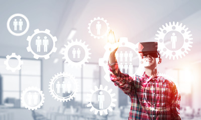 Guy wearing checked shirt and virtual mask demonstrating some emotions