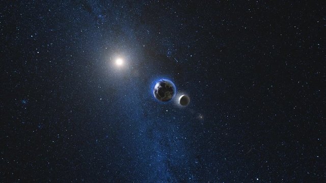 Planet Earth and Moon rotating and approach in open space, Blue Milky Way in background. High detail 4k 3D Render animation. Zoom. Elements of this image furnished by NASA. Astronomy science concept.