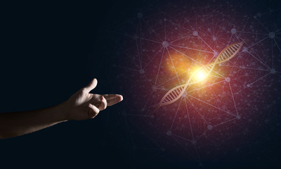 Science medicine and technology concepts as DNA molecule on dark background with connection lines