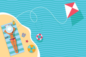 top view vector banner with sunbathing girl, sea and kite