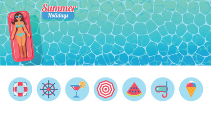 vector banner with sunbathing girl and flat icons for beach vacation