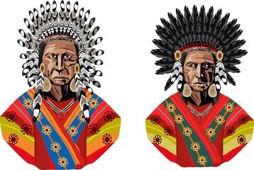 Two native american portraits isolated on white vector illustration