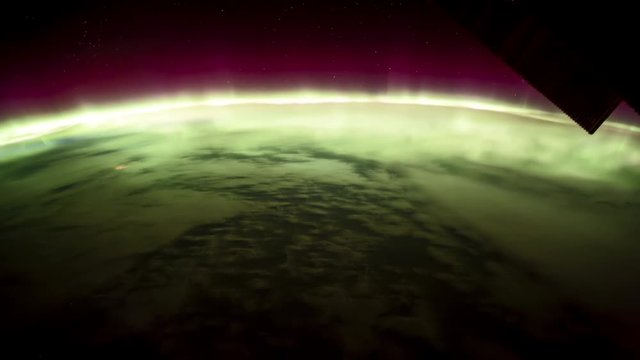 ISS view of rotating planet earth with aurora and star galaxy. Created from Public Domain images, courtesy of NASA JSC : http://eol.jsc.nasa.gov.