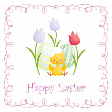 Easter greeting card with the image of cute chick and painted eggs. Vector illustration.