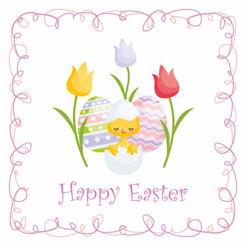 Easter greeting card with the image of cute chick and painted eggs. Vector illustration.
