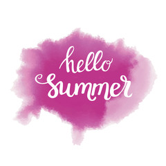 calligraphic inscription on pink watercolor background hello summer