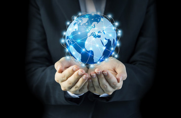 Business woman hand holding global network connection design