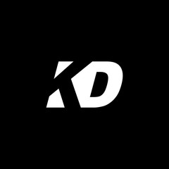 Initial letter KD, negative space logo, white on black background