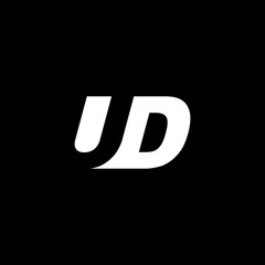 Initial letter UD, negative space logo, white on black background