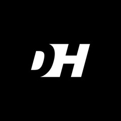Initial letter DH, negative space logo, white on black background
