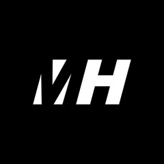 Initial letter MH, negative space logo, white on black background