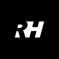 Initial letter RH, negative space logo, white on black background