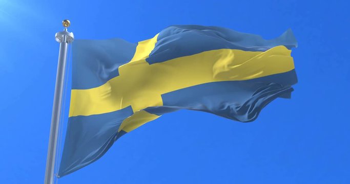 Flag of Sweden waving at wind in slow in blue sky, loop