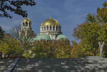 Fototapeta premium Fragment of beauty St. Alexander Nevsky Cathedral with public garden in Sofia, Bulgaria 