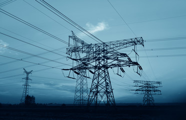 High voltage towers in the evening