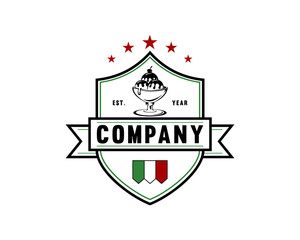 Line Art Shield with Ribbon and Stars - Itaian Ice Cream and Flag Restaurant Logo Vintage Vector