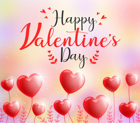 Fototapeta na wymiar Cute Happy Valentines Day Calligraphy Greeting Card Design with Red Hearts. Vector Illustration. 