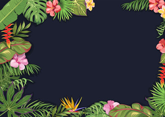 Dark background with tropical flowers and leaves