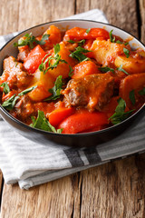 Slowly braised mechado beef with potatoes, tomatoes, pepper, carrots and onions close up in a bowl. vertical