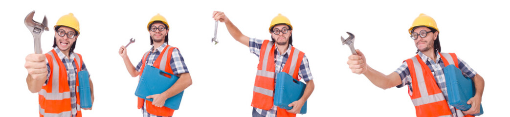 Funny young construction worker with toolbox and wrench isolated