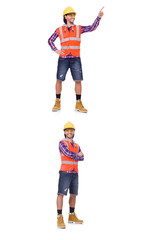 Young construction worker pressing vurtual button isolated on wh