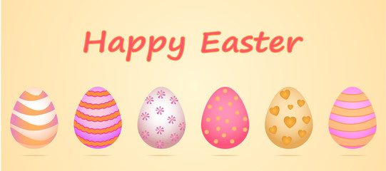 A set of six eggs for the celebration of Happy Easter. A pattern in gentle pastel shades, the main colors are yellow, pink. Vector pattern is made in a cute cartoon style.