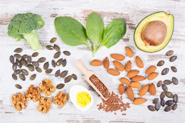 Ingredients containing omega 3 acids, unsaturated fats and fiber, healthy lifestyle, nutrition and acid diet concept