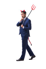 Evil devil businessman with pitchfork isolated on white backgrou