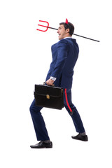 Evil devil businessman with pitchfork isolated on white backgrou