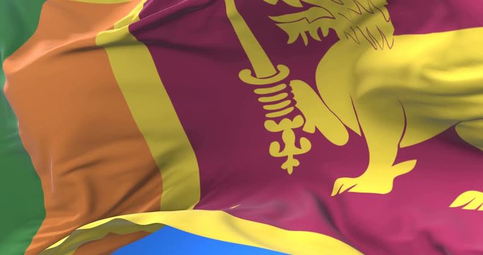 Sri Lanka flag waving at wind in slow in blue sky, loop