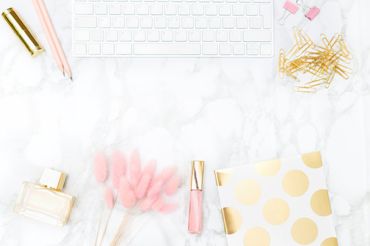Gold and blush office  feminine. stock photo. Copy space
