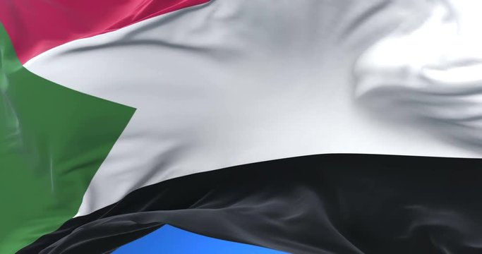 Sudan flag waving at wind in slow in blue sky, loop