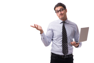 Young businessman with laptop isolated on white background