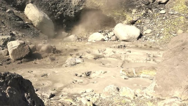 Geyser on the slope of Ebeko volcano, Paramushir island, northern Kuril Islands, Sea of Okhotsk, Russia. SlowMotion