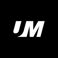 Initial letter UM, negative space logo, white on black background