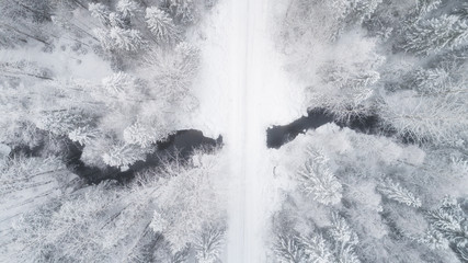 Winter landscape from air. Forest and river at winter season