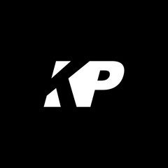 Initial letter KP, negative space logo, white on black background