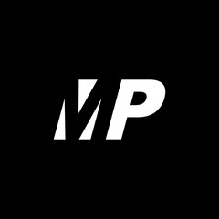 Initial letter MP, negative space logo, white on black background