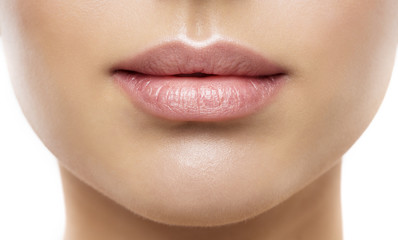 Lips Beauty Closeup, Woman Natural Face Make Up, Beautiful Full Lip and Pink Lipstick - obrazy, fototapety, plakaty