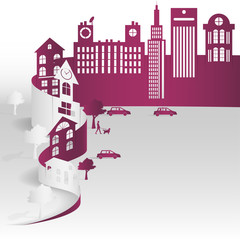 Sheet paper art of city. Vector illustration design. purple color.