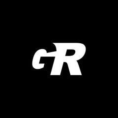 Initial letter GR, negative space logo, white on black background