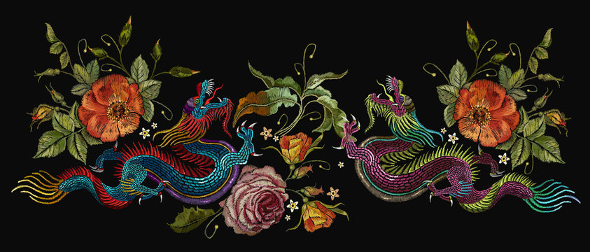Embroidery two chinese dragons, roses and peonies flowers. Classical embroidery asian dragons and beautiful red roses vector. Art dragons t-shirt design. Clothes, textile design template