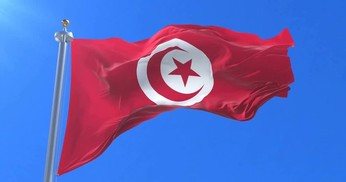 Turkey flag waving at wind in slow in blue sky, loop