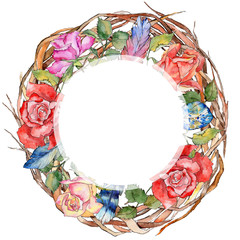 Forest twig branches wreath in a hand drawn watercolor style. Aquarelle twig branches wreath for background, texture, wrapper pattern, frame or border.