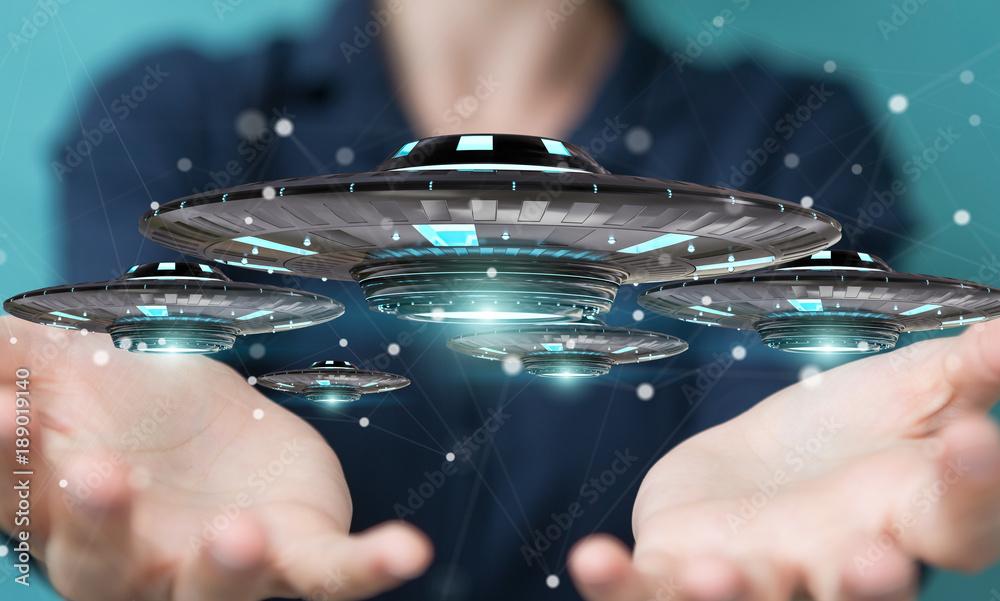 Poster businesswoman with retro ufo spaceship 3d rendering