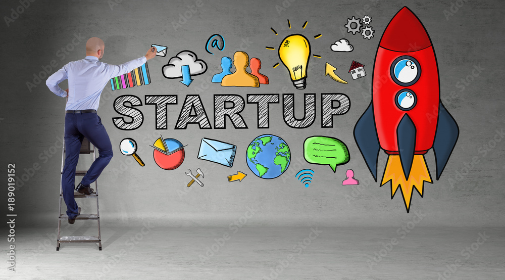 Poster businessman drawing startup sketch on a wall 3d rendering