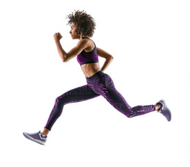 Young african girl running in silhouette on white background. Dynamic movement. Side view